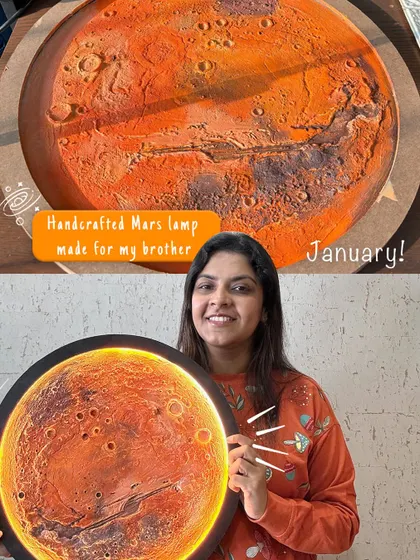 A collage showing the handcrafted Mars lamp and me holding the final, glowing piece. It was a special project made for my brother and has become one of my favorite items to create.
