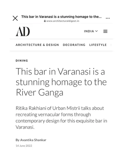 The headline from our feature in Architectural Digest: "This bar in Varanasi is a stunning homage to the River Ganga." It speaks to our success in creating a narrative-driven space that resonates with its context.
