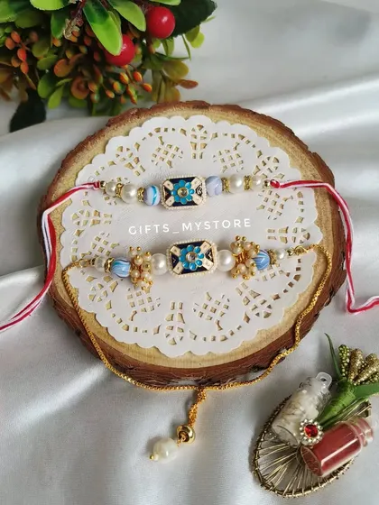 A stunning blue meenakari Rakhi set, adding a touch of royal elegance to your festivities.