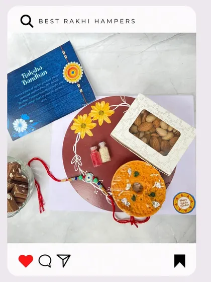 A complete 'Rakhi Thaali' hamper. This set includes a decorative thali with a rakhi, along with almonds, chocolates, and other traditional items.