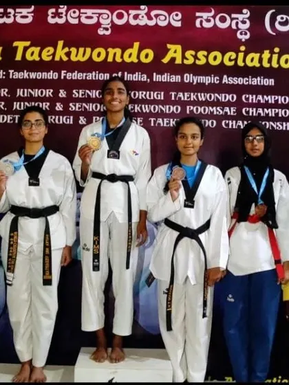 Our female athletes dominating the podium at a state-level championship. Their success in both Kyorugi and Poomsae shows their all-around skill.
