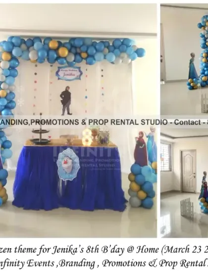 An elegant and simple Frozen theme for an 8th birthday celebration at home. We used a sheer curtain backdrop with a blue and gold balloon arch and character cutouts to create a magical and age-appropriate winter-themed party.