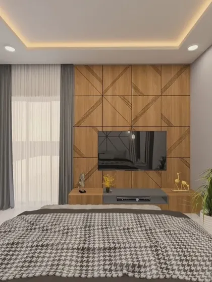 This render shows a bedroom with a TV mounted on a wood-paneled wall, opposite a bed with a houndstooth-patterned throw. The design is masculine and modern.