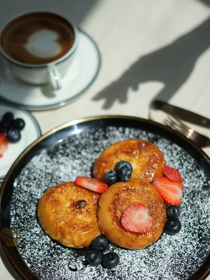 Golden hour for a golden meal. My French toast, made with three round slices of brioche, is topped with fresh berries and powdered sugar, perfect with a morning latte.