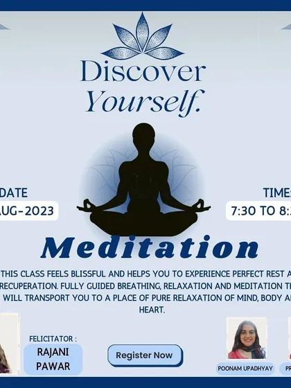 This poster announces one of my meditation workshops focused on self-discovery. These sessions are designed to be a blissful experience of rest and recuperation, helping you connect with a place of pure relaxation for your mind, body, and heart.
