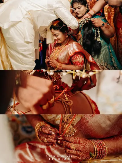 A collage focusing on the traditional details and rituals of the wedding ceremony, like the tying of sacred threads.
