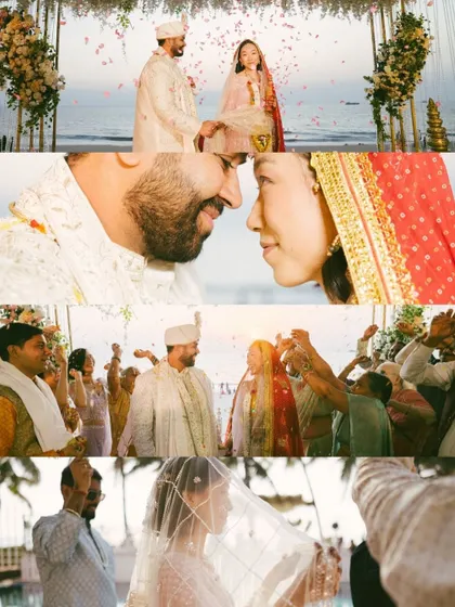 A collage of emotional and beautiful moments from a beachside wedding ceremony. It captures the vows, the connection, and the stunning scenery.