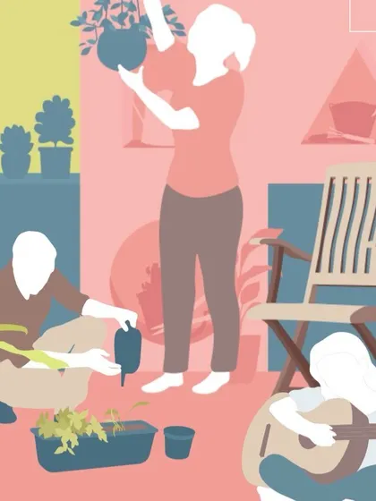 A scene from the 'A Home New World' animation, showing a family sharing a space for different activities like gardening and music. The faceless characters allow viewers to project themselves into this new concept of living.