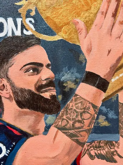 Another close-up of the Virat painting, showing the detail on his tattooed arm and the texture of the canvas.