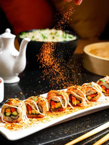 Sometimes, the smallest details tell the biggest story. This action shot captures the delicate sprinkle of togarashi over freshly made sushi. We focused on the motion and texture to create a dynamic image that makes you crave a bite, showing our expertise in styling Asian cuisine.