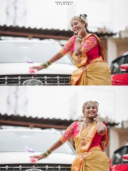 A fun and playful bridal portrait with the wedding car. It adds a modern and personal touch to the wedding album.
