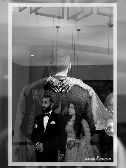 A collection of elegant engagement portraits of a couple in a modern hotel lobby, showcasing their sophisticated style.