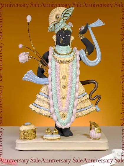 A stunning idol of Shreenathji, featured as part of a divine sale. The intricate detailing and vibrant, traditional attire make this a luxurious piece of spiritual decor, perfect for adding a sacred glow to any corner.