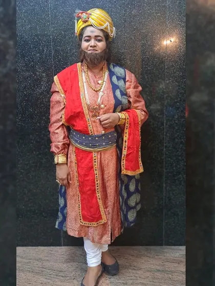 In costume as a historical character for 'Karunada Vaibhava.' The production involved over 35 dancers and innumerable costume changes.