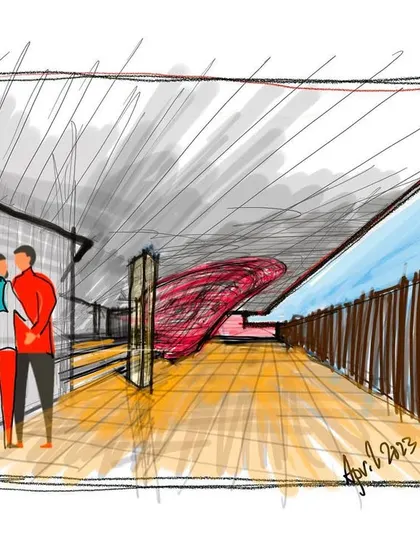 A concept sketch for the "Waterfall" house, envisioning the "brick globule" that acts as a light lantern in the entry area.