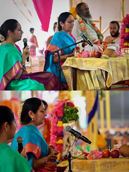 Musicians and singers lead a bhajan session during the Rishi Homa. Music is an integral part of our celebrations, helping to elevate the spirit and open the heart.