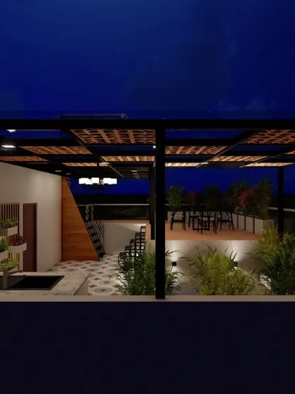 A 3D render of a terrace at night, showcasing the planned ambiance with a pergola, vertical garden, and outdoor kitchen setup. This helps clients visualize how the space will feel after sunset.