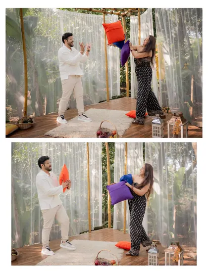 A dynamic collage of the couple having a playful pillow fight, showcasing their fun-loving personalities.