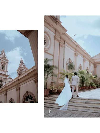 A collage showing the couple walking towards a beautiful church, a classic and timeless wedding shot.