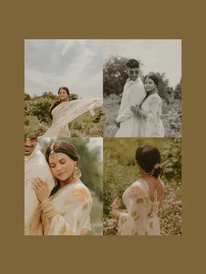A vintage-toned collage capturing a couple in a sun-drenched field. The four panels show different moments of quiet romance and individual portraits, creating a dreamy, nostalgic feel perfect for a bohemian-themed shoot.