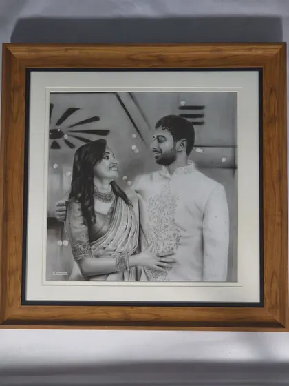 The final piece, framed in a beautiful wood-finish frame that complements the traditional feel of the portrait.