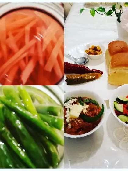 A complete Indian meal setting. You can see our pickles are always on the table, ready to accompany any dish.