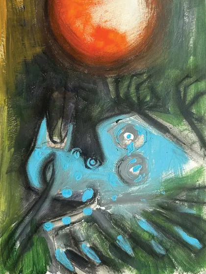 An abstract and emotional piece, this untitled acrylic on paper uses bold colors like blue and orange to create a striking mood.