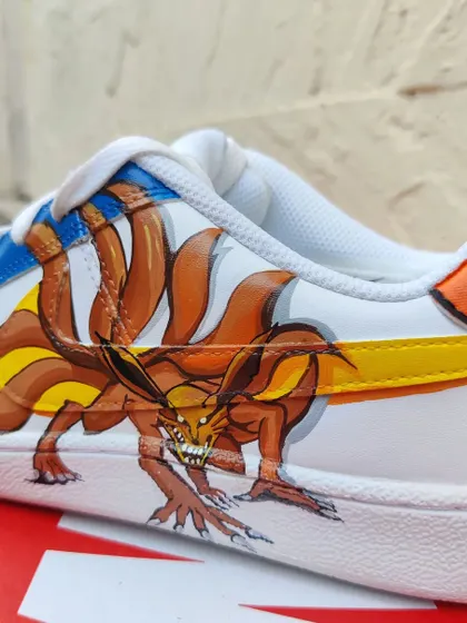 A close up of the Nine-Tailed Fox (Kurama) on the Naruto custom sneakers. The detail on this was intense!