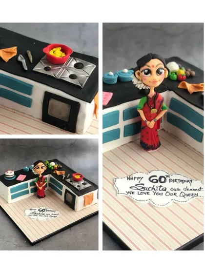 A collage showing multiple angles of the kitchen cake, highlighting the tiny edible vegetables, stove, and utensils.