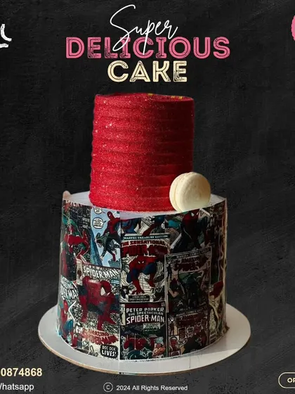 A modern and stylish Spider-Man cake. This two-tier design features a comic book print on the bottom and a sparkling red top tier, blending superhero action with a chic aesthetic.
