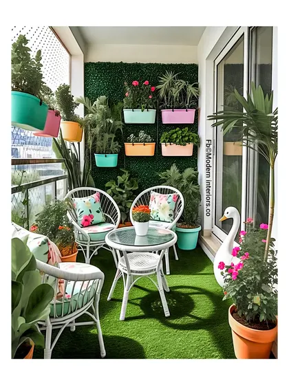 This classic white wicker bistro set is perfect for a bright and airy balcony. Paired with colorful floral cushions and a variety of plants, it creates a charming and timeless look. The artificial swan adds a touch of whimsy.