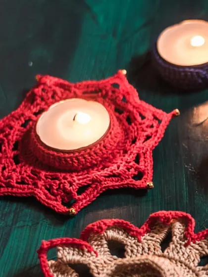Introducing our star-shaped diya holder, seen here in a festive red with delicate gold bead accents. This design adds a celestial sparkle to your Diwali decor.