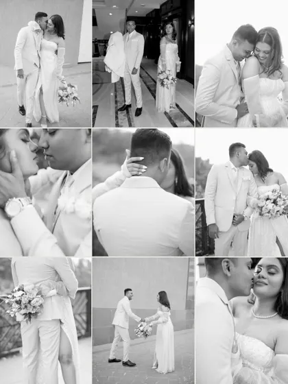 A grid of black and white photos from Prisca and Steven's wedding day. This collection focuses on their interactions, from tender kisses to shared smiles, creating a timeless visual story.