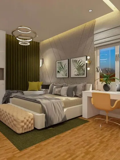 This master bedroom includes a well-integrated study desk next to the bed. The design ensures the workspace feels like a natural part of the room, with matching finishes and a comfortable, ergonomic setup.