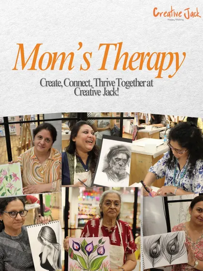 A collage showcasing moms of all ages drawing and painting. My studio offers a therapeutic escape where you can create, connect, and thrive.