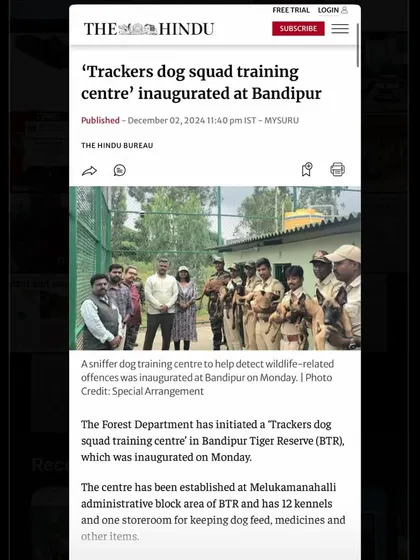 An article from The Hindu covering the inauguration of the 'Trackers dog squad training centre' at Bandipur, a project I am leading.