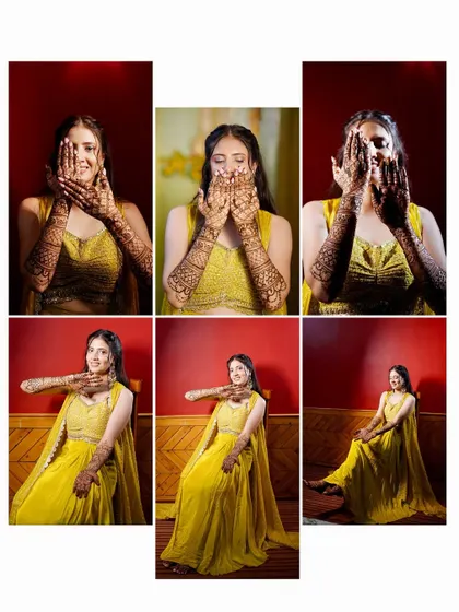 A fun collage of the bride playfully hiding her face with her henna-covered hands. These shots show her personality and the joy of the occasion.