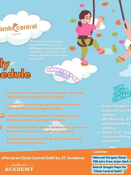 A look at our daily schedule for the Summer Climbing Days program. Each day focuses on a different aspect of climbing, from team games and bouldering to bootcamp exercises.