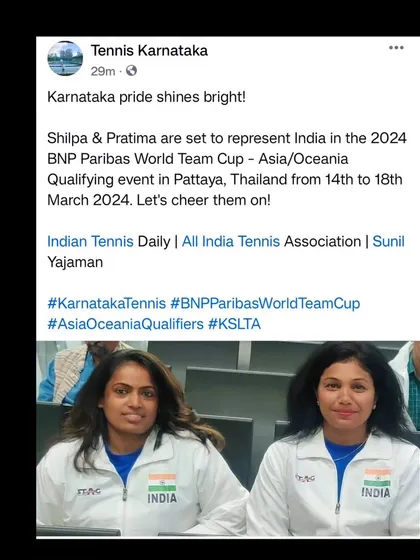 An official announcement from Tennis Karnataka celebrating two of our players who were selected to represent India in the BNP Paribas World Team Cup. This is a huge honor and a reflection of their world-class talent.