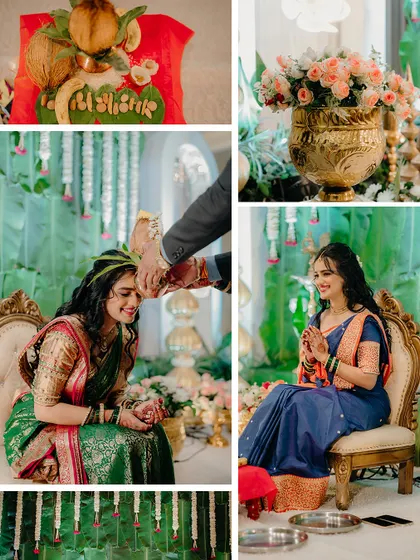 A collage showcasing the beautiful details of a Saakharpuda ceremony, from the traditional 'shagun' coconut to the floral decor and rituals.