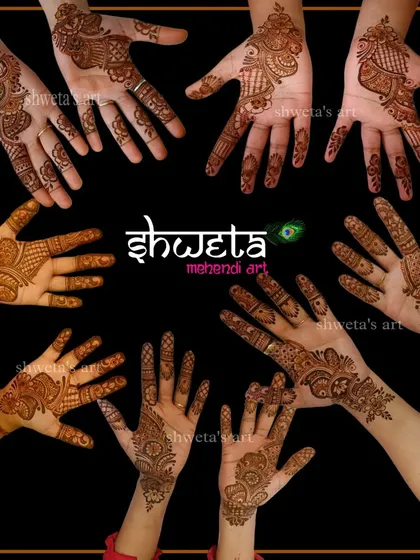 A collage of beautiful Arabic mehendi designs. These styles are perfect for bridesmaids, family, and guests who want an elegant and stylish look for the wedding functions.