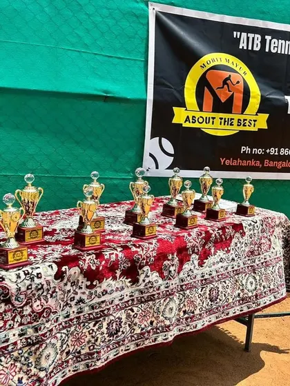 A close up of the trophies on display at the ATB Tennis Open.