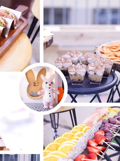 This collage gives a glimpse of the variety on our dessert tables, from Tiramisu shots to fresh fruit skewers, all part of a festive, themed setup.