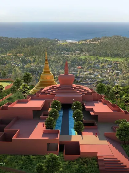 This render shows the proposed academic block for the Buddhist University, designed with a stepped terrace structure that follows the natural slope of the land.