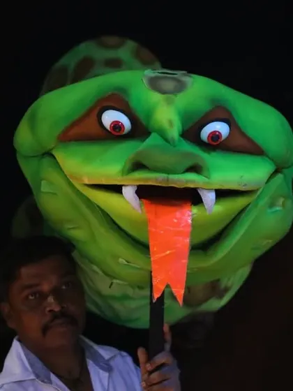 A behind-the-scenes look at one of the large-scale puppets, a giant snake, used in our Zee Marathi production.