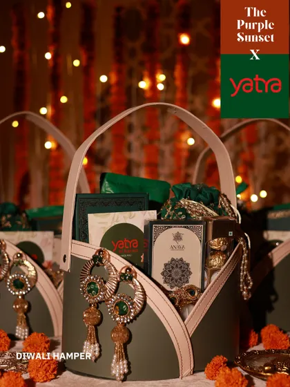 A beautiful Diwali hamper I designed for Yatra. The olive green basket is filled with curated goodies and adorned with stunning traditional earrings, making it a memorable corporate festive gift.