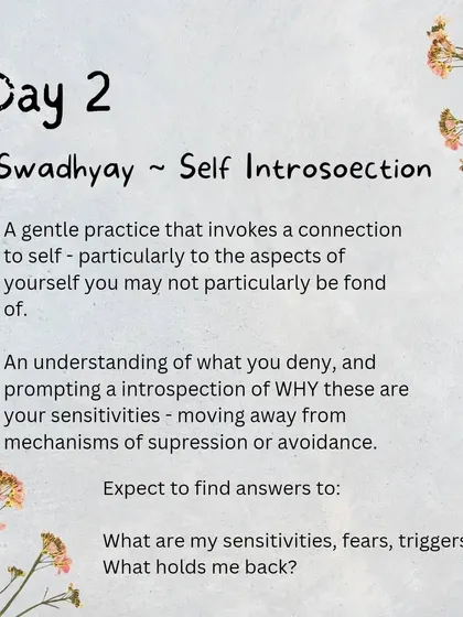 Day 2 was about 'Swadhyay' or self-introspection. This gentle practice was designed to help you connect with parts of yourself you might deny, understanding your fears and triggers without suppression.