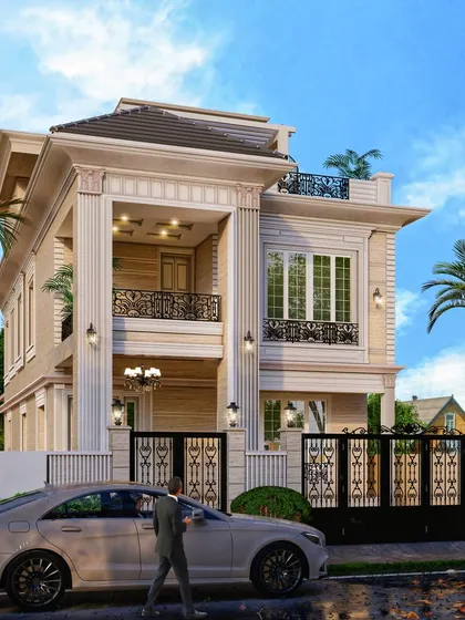 The 3D render of the classical villa, showing how the design blends modern aesthetics with classical charm. The home features a Vastu-compliant layout and luxurious interiors.