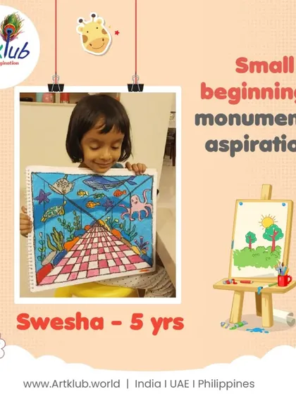 Swesha, age 5, uses perspective in her amazing underwater tunnel drawing, a monumental aspiration for such a young artist.