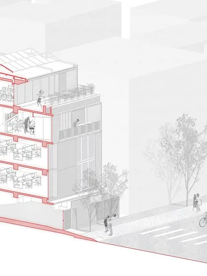 A sectional axonometric diagram of our studio building, 113. This illustration shows the vertical organization of the office, with our studio on the upper levels and additional floors for multidisciplinary use.